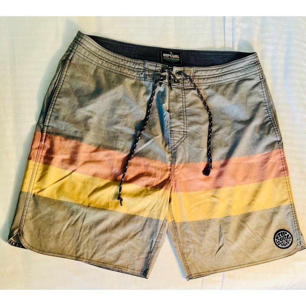 Rip Curl Suits Men's Shorts 36 Tie Front Rear Zip Pocket Grey/Orange/Yellow